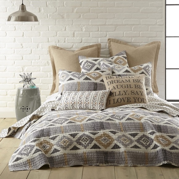Levtex Home - Santa Fe Quilt - Ikat Pattern in Soft Grey, Cream &Tan Reversible - Picture 1 of 11